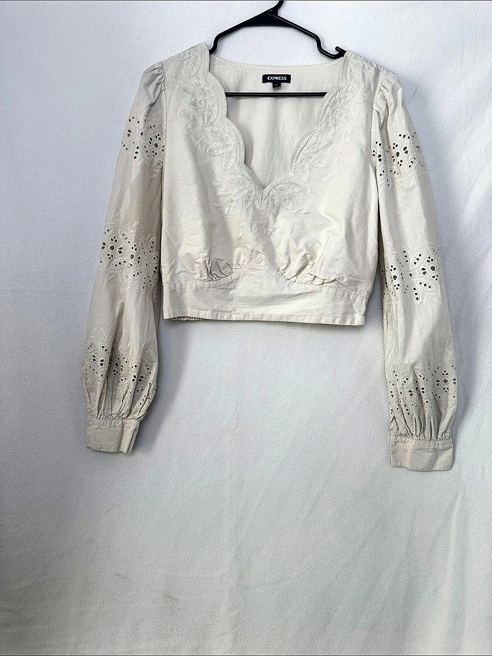 Express Embroidered Eyelet Cropped Blouse in White Large Like New